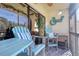 Peaceful screened balcony with blue chairs and lake view at 1488 Pine Glen Ln # B2, Tarpon Springs, FL 34688