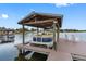 Covered boat dock with pontoon boat and relaxing chairs at 3756 E Lake Dr, Land O Lakes, FL 34639