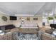 Covered patio with wicker furniture, TV, and lake view at 3756 E Lake Dr, Land O Lakes, FL 34639
