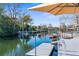 Relaxing waterfront dock with seating and umbrella at 5401 Circle Dr, Weeki Wachee, FL 34607