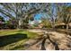 Large shady front yard with gravel driveway and mature trees at 402 Pineapple St, Tarpon Springs, FL 34689