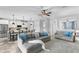 Open living area with grey sectional sofa and view into kitchen at 13614 Tonya Anne Dr, Riverview, FL 33579