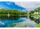 Serene community lake with fountain, lush greenery, and reflection of buildings at 1433 Pine Glen Pl # D1, Tarpon Springs, FL 34688