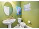 Powder room with pedestal sink, toilet, and olive green walls at 18811 Deer Tracks Loop, Lutz, FL 33558