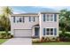 Two-story house with gray siding, blue shutters, and a two-car garage at 7196 Beaverhead Ln, Land O Lakes, FL 34638