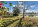 Landscaped backyard with pond view and large shade tree at 8442 Lagerfeld Dr, Land O Lakes, FL 34637
