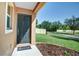 Dark-colored front door with a welcoming mat and landscaping at 17409 New Cross Cir, Lithia, FL 33547