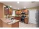 Modern kitchen with stainless steel appliances and wood cabinets at 17409 New Cross Cir, Lithia, FL 33547