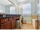 Double vanity bathroom with granite countertops and a large mirror at 15811 Oakleaf Run Dr, Lithia, FL 33547
