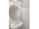 Small bathroom with pedestal sink, oval mirror, and light fixture at 26519 Castleview Way, Wesley Chapel, FL 33544