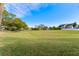 Spacious grassy backyard with mature trees and distant view of buildings at 541 Walden Ct, Dunedin, FL 34698