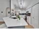 Modern kitchen with white cabinets, quartz countertops, and a large island at 11225 Scotchwood Dr, Riverview, FL 33579