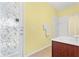 Clean bathroom with shower, vanity, and tiled floor at 18119 Diamond Cove Ct, Tampa, FL 33647