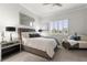 Bedroom with a chaise lounge, window with plantation shutters, and modern decor at 19771 Ship Wheel Way, Land O Lakes, FL 34638
