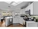 Bright kitchen featuring white cabinets, stainless steel appliances, and a view of the backyard at 731 Brittany Park Blvd, Tarpon Springs, FL 34689