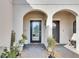 Front entry with arched doorways, modern door, and potted plants at 16909 April Plush Dr, Wimauma, FL 33598