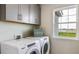 Laundry room with washer, dryer, cabinets, and a window with a backyard view at 17932 Tavernside Trl, Lakewood Ranch, FL 34211