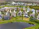 Aerial view of community with lakefront properties and solar panels at 19354 Yellow Clover Dr, Tampa, FL 33647