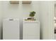 Convenient laundry room with washer and dryer, and overhead shelving at 31537 Cardinal Yard Dr, San Antonio, FL 33576
