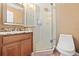 Bathroom with granite countertop, wood cabinets, and a shower at 5012 Starfish Se Dr # C, St Petersburg, FL 33705