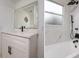 Modern bathroom with white vanity, marble tile, and walk-in shower at 214 85Th St, Holmes Beach, FL 34217