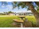 Stone table and bench set under a large shade tree in the front yard of a single-Gathering home at 3400 Lake Padgett Dr, Land O Lakes, FL 34639