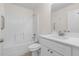 Clean bathroom, featuring a shower/tub combo and white vanity at 1360 Franklin Ln, North Port, FL 34286