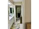 View of the bathroom featuring a shower over bath, a skylight, and vanity with a patterned rug at 2217 Sequoia Dr, Clearwater, FL 33763