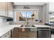 Modern kitchen with gray cabinets, quartz countertops, and a farmhouse sink at 4208 Harbor House Dr, Tampa, FL 33615