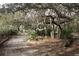 Secluded outdoor space features mature trees, natural ground cover, and rustic wooden structures, evoking a tranquil setting at 5112 Lake Toscana Dr, Wimauma, FL 33598