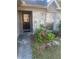 House entrance with stone facade, a dark brown door, and landscaping at 8328 Clermont St, Tampa, FL 33637