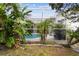 Partial view of backyard with tropical plants and pool enclosure at 630 Bayside Dr, Tarpon Springs, FL 34689