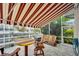 Covered patio with striped awning, table, chairs, and waterfront views at 705 Pinckney Dr, Apollo Beach, FL 33572