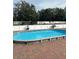 Above ground pool with gray coping and brick patio at 7336 Orchard Dr, Wesley Chapel, FL 33545