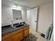 Well-lit bathroom with dark countertop, light wood cabinets, and shower at 7533 Pitch Pine Cir # 18, Tampa, FL 33617