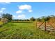 Expansive green field enclosed by a wooden fence and gate under a bright blue sky at 10601 Paul S Buchman, Plant City, FL 33565