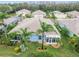 Aerial view of a house with a sunroom and lush landscaping in the backyard at 11447 Golf Round Dr, New Port Richey, FL 34654