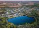 Community aerial view showcasing homes and a central pond at 19144 Meadow Pine Dr, Tampa, FL 33647