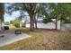 Large backyard with fire pit, partially fenced, and mature trees at 1203 Baronwood Pl, Brandon, FL 33510