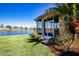 Home exterior showcasing a screened patio and lake view at 2501 Sapphire Greens Ln, Sun City Center, FL 33573