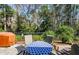 Private backyard patio with seating area and surrounding trees at 11036 Paradise Point Way, New Port Richey, FL 34654