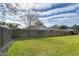 Backyard with wooden fence and grassy area at 6932 Oakcrest Way, Zephyrhills, FL 33542