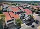 Stunning aerial view of condo complex with red tile roofs, lush landscaping, and golf course views at 2353 Hanover Dr, Dunedin, FL 34698