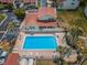 Aerial view of pool and hot tub, offering privacy with surrounding palm trees and fencing at 2353 Hanover Dr, Dunedin, FL 34698