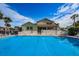 Large community pool surrounded by lush palm trees and tropical landscaping at 2353 Hanover Dr, Dunedin, FL 34698
