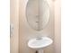 Small powder room includes a stylish pedestal sink and a round mirror with shelving at 5038 White Sanderling Ct, Tampa, FL 33619