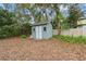 Detached storage shed in backyard with white door at 4606 Ridgecliff Dr, Brandon, FL 33511