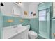 Mint green bathroom with shower, toilet, and vanity at 216 21St Ne Ave, St Petersburg, FL 33704