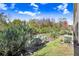 Landscaped backyard with lush greenery and a pond view at 17806 Althea Blue Pl, Lutz, FL 33558