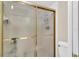 Clean bathroom with a shower and gold framed glass door at 2188 Elm St # 1107, Dunedin, FL 34698